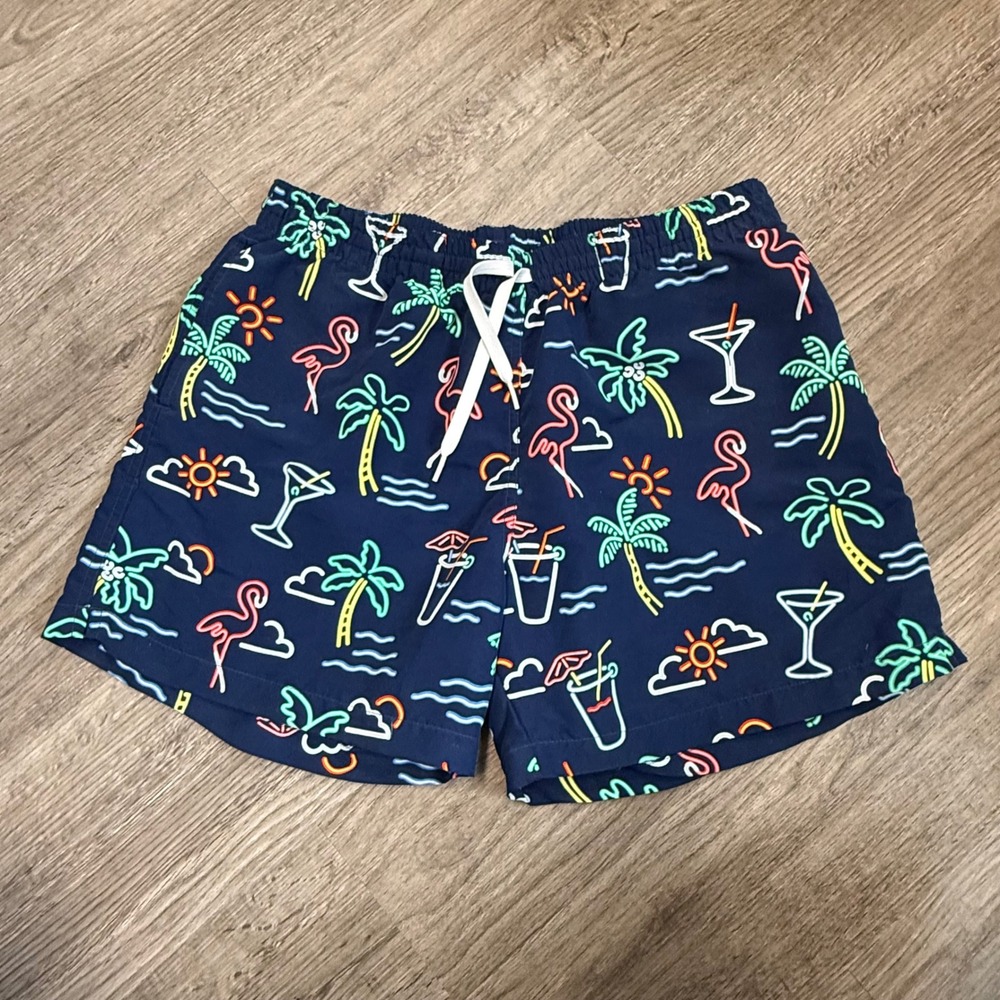 Chubbies Mens XL Swim Trunks Navy Neon Flamingo Palm Tree Cocktail Print Shorts